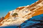 USA, New Mexico, Gallup, Red Rock Park. Sunrise and snow on mountain. Art Print